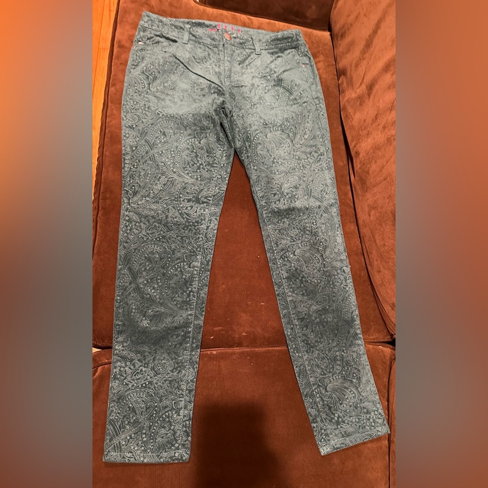 Elle Green Paisley Velvet Low Rise Straight Leg Casual Pants Pockets Sz 10R.
